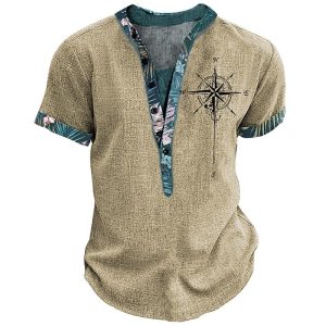Men's T-Shirt Henley Stand Collar Vintage Nautical Compass Short Sleeve Summer Daily Tops Khaki, T-Shirts, , COTOSEN, Apparel Online, Cheap Clothes, Buy Now