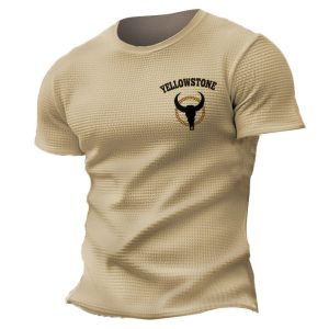 Men's T-Shirt Short Sleeve Vintage Western Yellowstone Waffle Summer Daily Tops Khaki, T-Shirts, , COTOSEN, Apparel Online, Cheap Clothes, Buy Now
