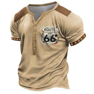 Men's T-Shirt Henley Vintage Route 66 Colorblock Plus Size Summer Daily Tops Khaki, T-Shirts, , COTOSEN, Apparel Online, Cheap Clothes, Buy Now