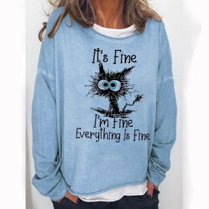 Womens Funny I Am Fine Black Cat Letter Crew Neck Sweatshirts, women tops, COTOSEN