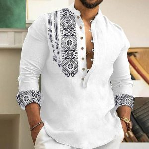Men's Linen Shirt Henley Casual Ethnic Patterns Outdoor Shirt Long Sleeve Plain Collar Casual Hawaiian Clothing, T-Shirts, , COTOSEN, Apparel Online, Cheap Clothes, Buy Now