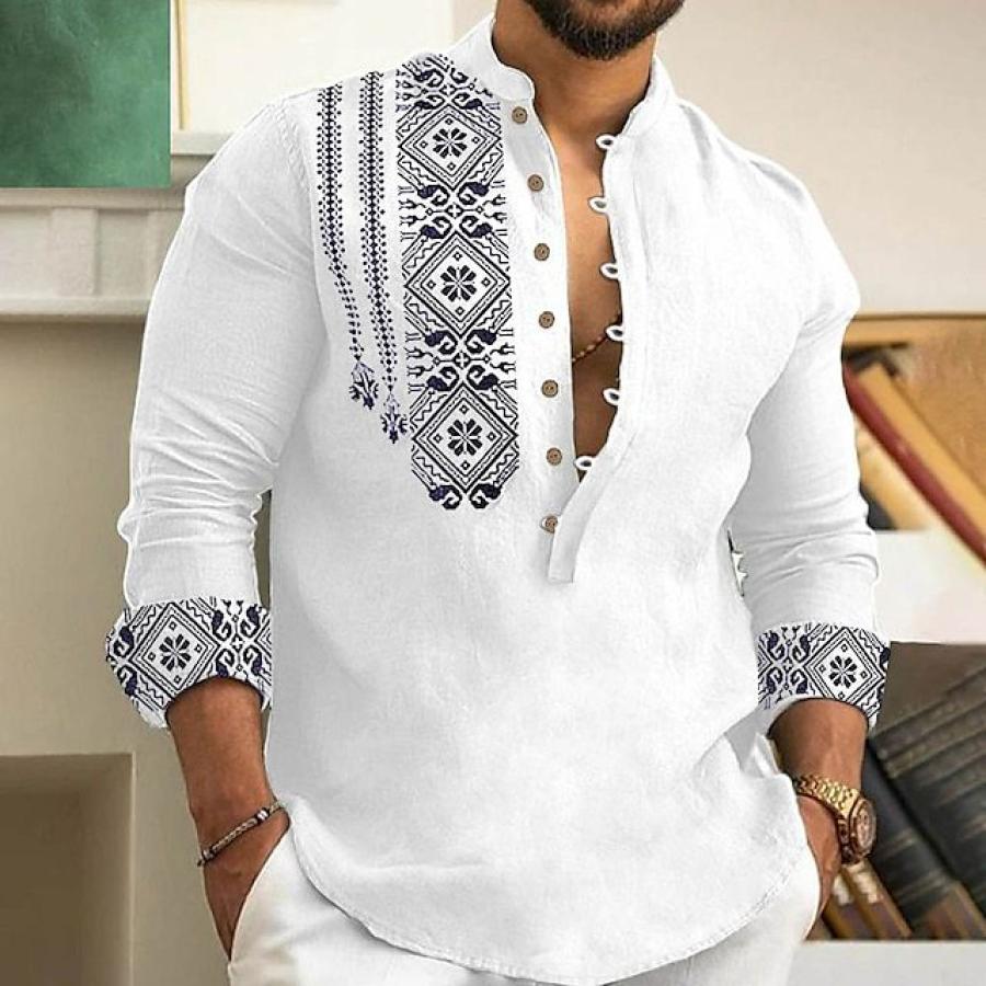 Men's Linen Shirt Henley Casual Ethnic Patterns Outdoor Shirt Long Sleeve Plain Collar Casual Hawaiian Clothing, T-Shirts, , COTOSEN, Apparel Online, Cheap Clothes, Buy Now