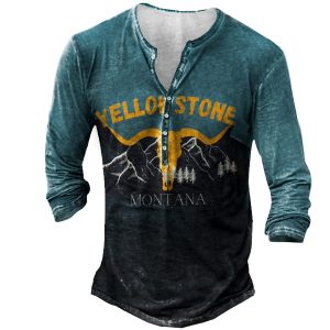 Men's Henley T-Shirt Outdoor Vintage Print Casual Style Long Sleeve Daily Top, T-Shirts, , COTOSEN, Apparel Online, Cheap Clothes, Buy Now