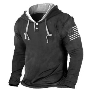 Men's Hooded T-Shirt Outdoor American Flag Tactical Button Contrasting Color Hooded Long Sleeve Top, T-Shirts, , COTOSEN, Apparel Online, Cheap Clothes, Buy Now
