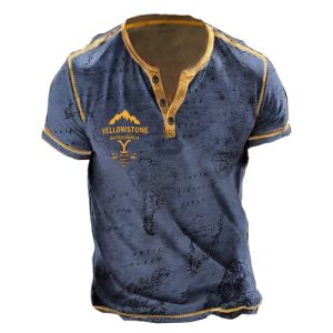 Men Vintage Yellowstone Map Print Men's Henry Cotton T-Shirt Tactical Top, T-Shirts, , COTOSEN, Apparel Online, Cheap Clothes, Buy Now