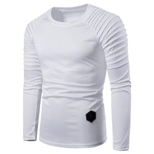 Men's Round Neck Cotton T-shirt Slim Solid Color Long Sleeved T-shirt British Style Striped Pleated Raglan Sleeves Top, T-Shirts, , COTOSEN, Apparel Online, Cheap Clothes, Buy Now