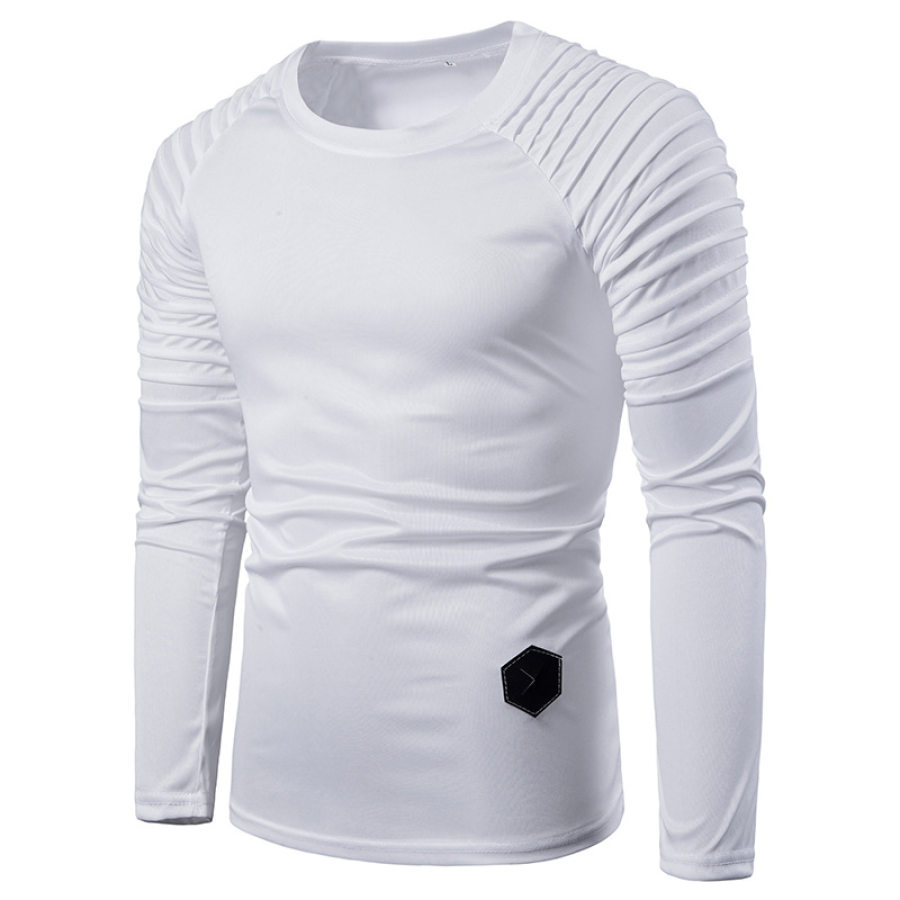 Men's Round Neck Cotton T-shirt Slim Solid Color Long Sleeved T-shirt British Style Striped Pleated Raglan Sleeves Top, T-Shirts, , COTOSEN, Apparel Online, Cheap Clothes, Buy Now