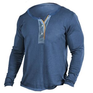 Men's Henley T-Shirt Vintage Contrast Color Casual Long Sleeve Tactical Tops, T-Shirts, , COTOSEN, Apparel Online, Cheap Clothes, Buy Now