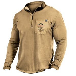 Men's Henley Stand Collar Men's Vintage Wash Print Long Sleeve T-Shirt, T-Shirts, , COTOSEN, Apparel Online, Cheap Clothes, Buy Now