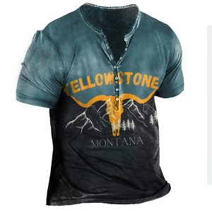 Henry Men's Cotton T-Shirt Outdoor Retro Yellowstone Print Contrast Color Short Sleeve Vacation Top, T-Shirts, , COTOSEN, Apparel Online, Cheap Clothes, Buy Now