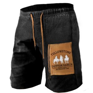 Men's Corduroy Vintage Outdoor Zipper Pocket Vintage Yellowstone Print Color Contrast Loose Shorts, Shorts, , COTOSEN, Apparel Online, Cheap Clothes, Buy Now