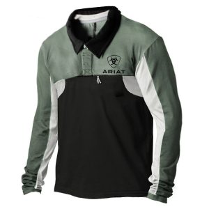 Ariat Men Field Throwshirt Outdoor Zip Placket Retro Contrast Color Road Bike Hiking Camping Polo Shirt, T-Shirts, , COTOSEN, Apparel Online, Cheap Clothes, Buy Now