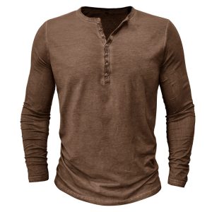 Men's Henley Vintage Long Sleeve T-Shirt Button Washed Old V-Neck T-Shirt Top, T-Shirts, , COTOSEN, Apparel Online, Cheap Clothes, Buy Now