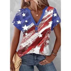 Women's Vintage Independence Day American Flag Print V-Neck T-Shirt, women tops, COTOSEN, Apparel Online, Cheap Clothes, Buy Now