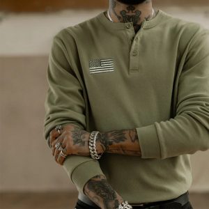 Men's Outdoor Casual American Flag Henley Collar Long Sleeve T-Shirt, T-Shirts, , COTOSEN, Apparel Online, Cheap Clothes, Buy Now