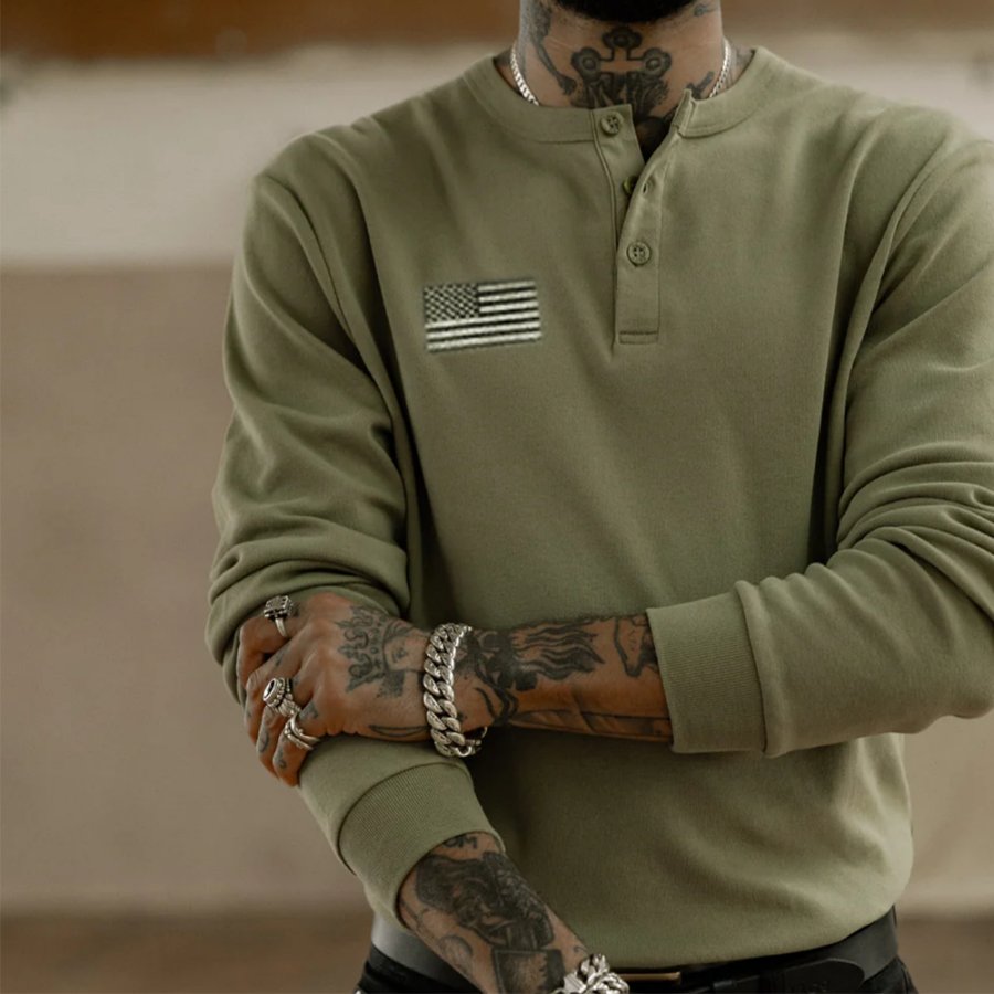 Men's Outdoor Casual American Flag Henley Collar Long Sleeve T-Shirt, T-Shirts, , COTOSEN, Apparel Online, Cheap Clothes, Buy Now