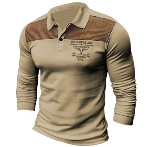 Men's Vintage Yellowstone Print Waffle Panel Long Sleeve Polo Neck T-Shirt Long Sleeve Top, T-Shirts, , COTOSEN, Apparel Online, Cheap Clothes, Buy Now