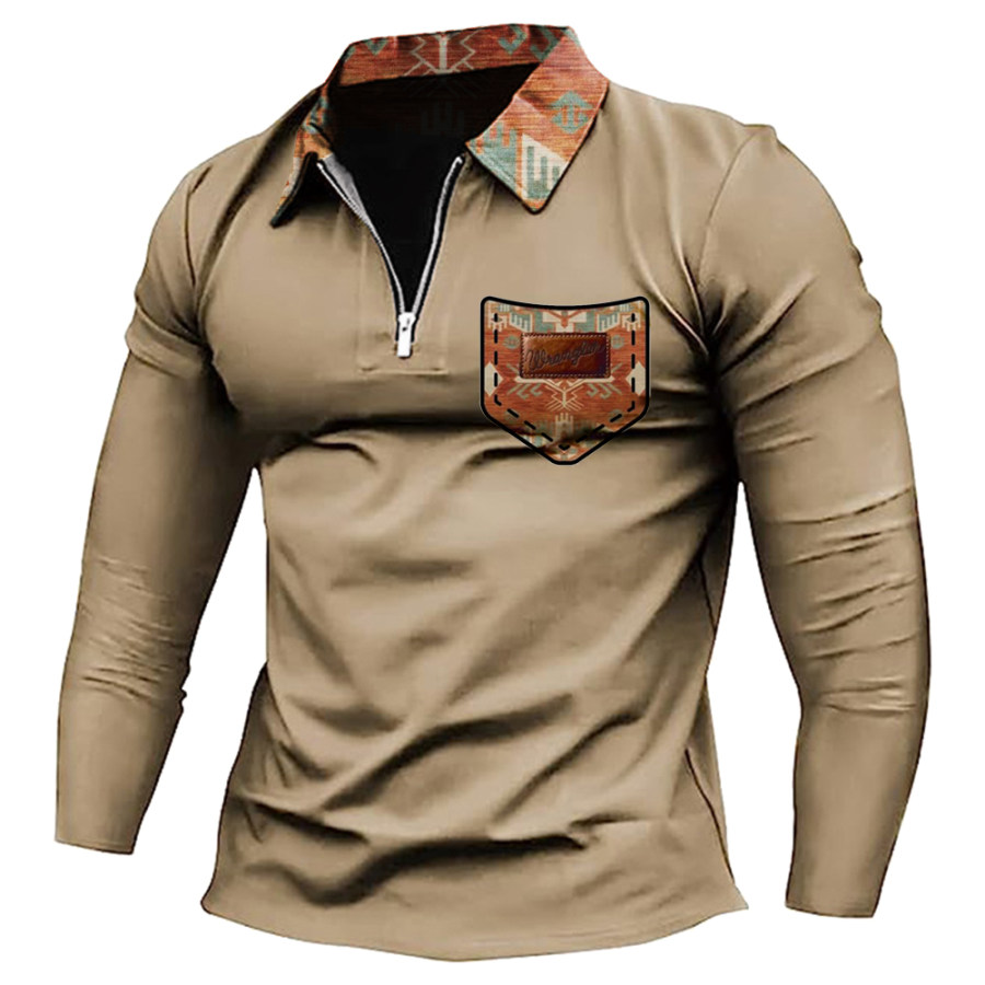 Men's Vintage Western Print Pocket Zipper Lapel Long Sleeve T-Shirt, T-Shirts, , COTOSEN, Apparel Online, Cheap Clothes, Buy Now