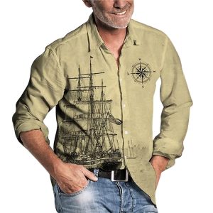 Men's Vintage Nautical Sail Compass Print Long Sleeve Shirt, T-Shirts, , COTOSEN, Apparel Online, Cheap Clothes, Buy Now