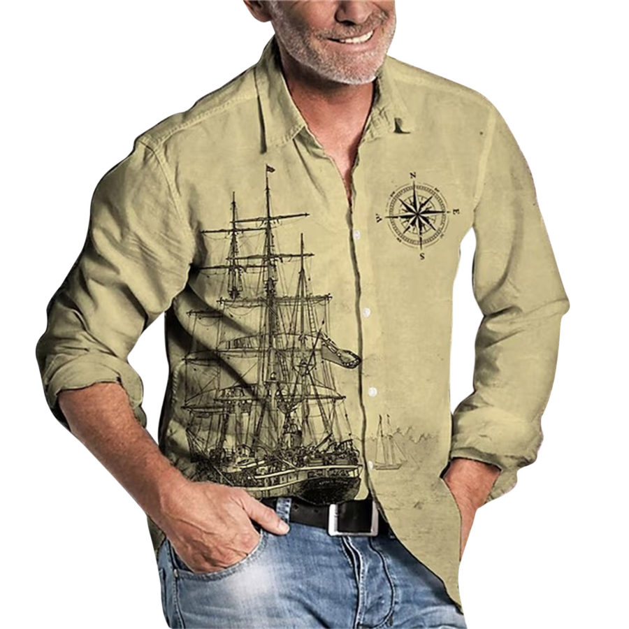 Men's Vintage Nautical Sail Compass Print Long Sleeve Shirt, T-Shirts, , COTOSEN, Apparel Online, Cheap Clothes, Buy Now
