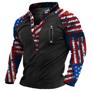 Men's Outdoor American Flag Print Henley Collar Long Sleeve T-Shirt, T-Shirts, , COTOSEN, Apparel Online, Cheap Clothes, Buy Now