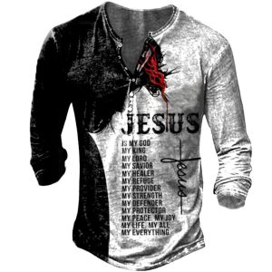 Men's Jesus Cross Print Henley Collar Long Sleeve T-Shirt, T-Shirts, , COTOSEN, Apparel Online, Cheap Clothes, Buy Now