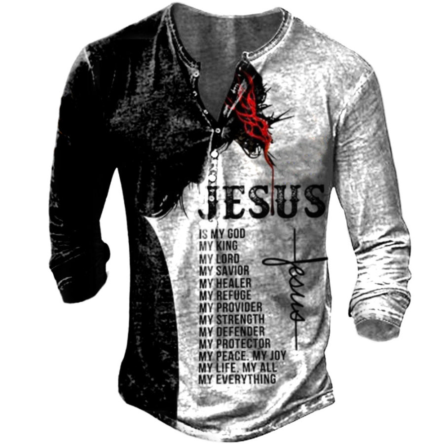 Men's Jesus Cross Print Henley Collar Long Sleeve T-Shirt, T-Shirts, , COTOSEN, Apparel Online, Cheap Clothes, Buy Now
