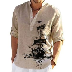 Men's Vintage Nautical Sail Print Henley Collar Shirt, T-Shirts, , COTOSEN, Apparel Online, Cheap Clothes, Buy Now