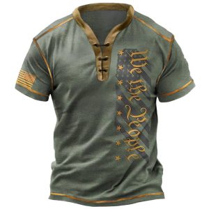 Men's Outdoor Vintage American Flag Colorblock Print Tie Henley Collar T-Shirt, T-Shirts, , COTOSEN, Apparel Online, Cheap Clothes, Buy Now