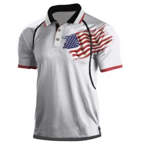 Men's 1776 Independence Day Vintage American Flag Print Colorblock Polo Neck T-Shirt, T-Shirts, , COTOSEN, Apparel Online, Cheap Clothes, Buy Now