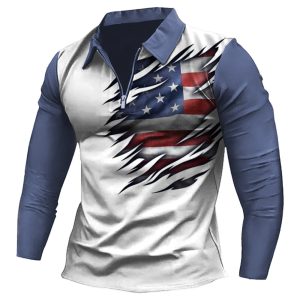Men's Vintage American Flag Colorblock Print Zip Lapel Long Sleeve T-Shirt, T-Shirts, , COTOSEN, Apparel Online, Cheap Clothes, Buy Now