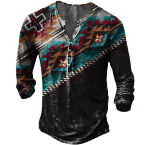 Men's Vintage Ethnic Print Henley Collar Long Sleeve T-Shirt, T-Shirts, , COTOSEN, Apparel Online, Cheap Clothes, Buy Now