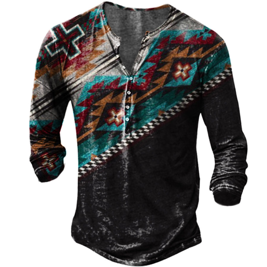 Men's Vintage Ethnic Print Henley Collar Long Sleeve T-Shirt, T-Shirts, , COTOSEN, Apparel Online, Cheap Clothes, Buy Now