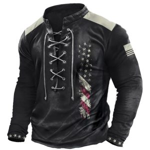 Men's Outdoor Tactical American Flag Tie Henley Collar Long Sleeve T-Shirt, T-Shirts, , COTOSEN, Apparel Online, Cheap Clothes, Buy Now
