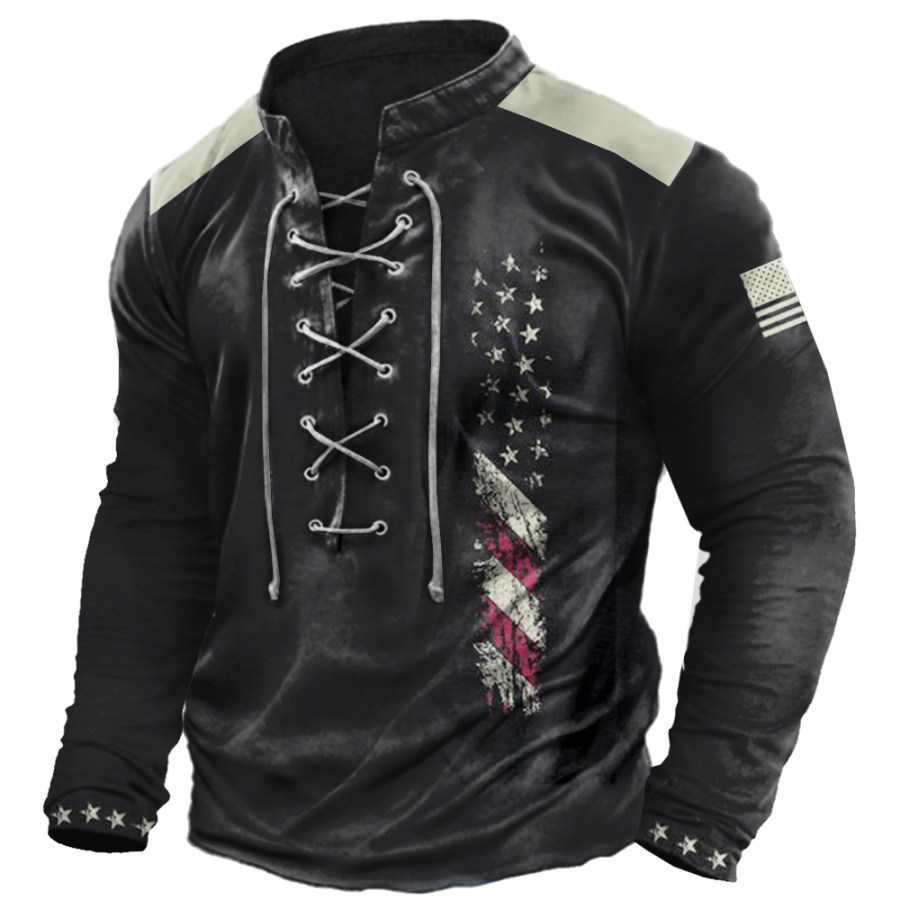Men's Outdoor Tactical American Flag Tie Henley Collar Long Sleeve T-Shirt, T-Shirts, , COTOSEN, Apparel Online, Cheap Clothes, Buy Now