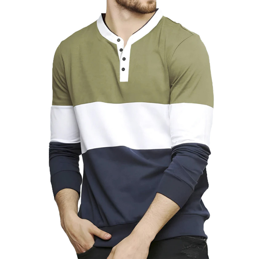 Men's Retro Colorblock Henley Collar Casual Long Sleeve Top, T-Shirts, , COTOSEN, Apparel Online, Cheap Clothes, Buy Now