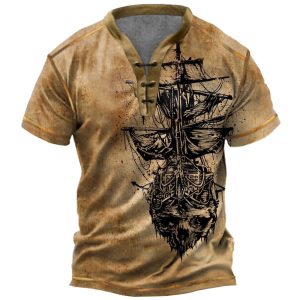 Men's Vintage Pirate Nautical Sailing Ship Print Tie Henley Collar T-Shirt, T-Shirts, , COTOSEN, Apparel Online, Cheap Clothes, Buy Now