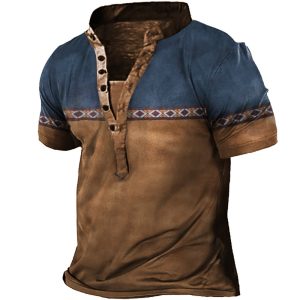 Men's Vintage Aztec Henley Collar T-Shirt, T-Shirts, , COTOSEN, Apparel Online, Cheap Clothes, Buy Now