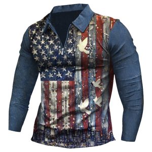 Men's Vintage American Flag Colorblock Print Zip Lapel Long Sleeve T-Shirt, T-Shirts, , COTOSEN, Apparel Online, Cheap Clothes, Buy Now