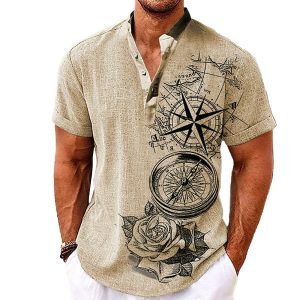 Men's Vintage Anchor Compass Print Henley Collar Short Sleeve Shirt, T-Shirts, , COTOSEN, Apparel Online, Cheap Clothes, Buy Now