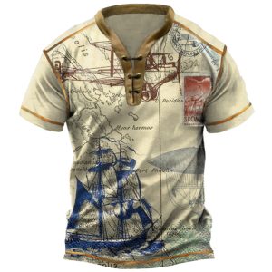 Men's Outdoor Vintage Vintage Nautical Sailboat Print Tie Henley Collar T-Shirt, T-Shirts, , COTOSEN, Apparel Online, Cheap Clothes, Buy Now