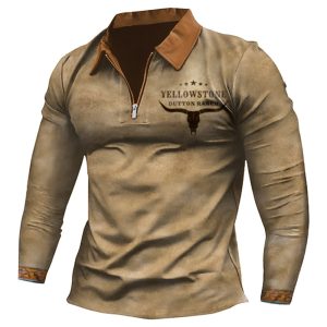 Men's Vintage Yellowstone Print Zipper Lapel Long Sleeve T-Shirt, T-Shirts, , COTOSEN, Apparel Online, Cheap Clothes, Buy Now