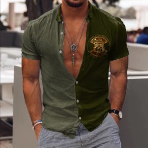 Men's Vintage Route 66 Print Short Sleeve Shirt Contrast Color Casual Shirt, T-Shirts, , COTOSEN, Apparel Online, Cheap Clothes, Buy Now