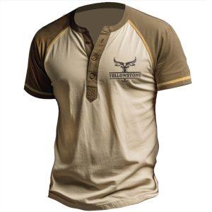 Men's Vintage Yellowstone Color Block Print Henley Collar T-Shirt, T-Shirts, , COTOSEN, Apparel Online, Cheap Clothes, Buy Now