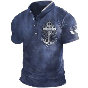 Men's Vintage Compass Anchor Print Henley Neck T-Shirt, T-Shirts, , COTOSEN, Apparel Online, Cheap Clothes, Buy Now