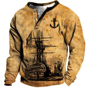 Men's Vintage Anchor Nautical Sail Print Henley Neck Sweatshirt, Hoodies & Sweatshirts, , COTOSEN, Apparel Online, Cheap Clothes, Buy Now