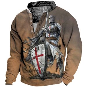 Men's Vintage Templar Cross Henley Collar Long Sleeve Sweatshirt, Hoodies & Sweatshirts, , COTOSEN, Apparel Online, Cheap Clothes, Buy Now