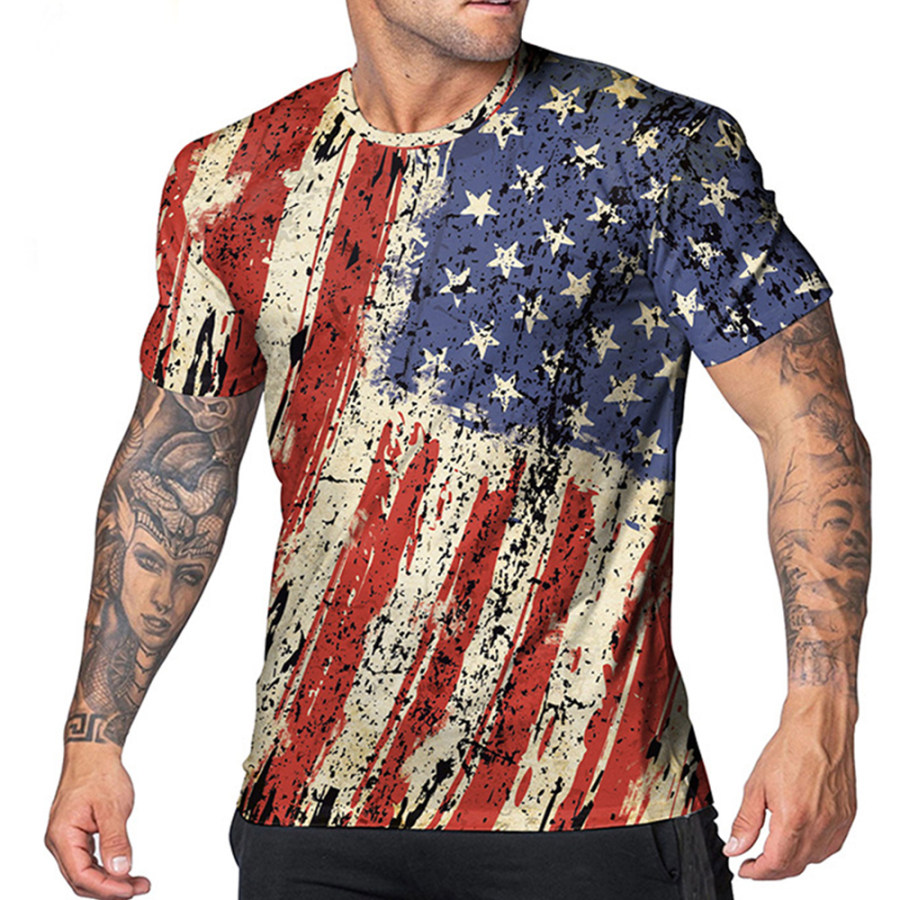Men's Vintage 1776 Independence Day American Flag Print Crew Neck T-Shirt, T-Shirts, , COTOSEN, Apparel Online, Cheap Clothes, Buy Now