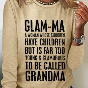 Women's Funny Glam-Ma Grandma Casual Crew Neck Long Sleeve Shirt, color:Khaki|size:3XL, Lilicloth.com