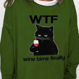 Lilicloth X Kelly WTF Wine Time Finally Women's Cat Sweatshirt, color:Green|size:3XL, Lilicloth.com